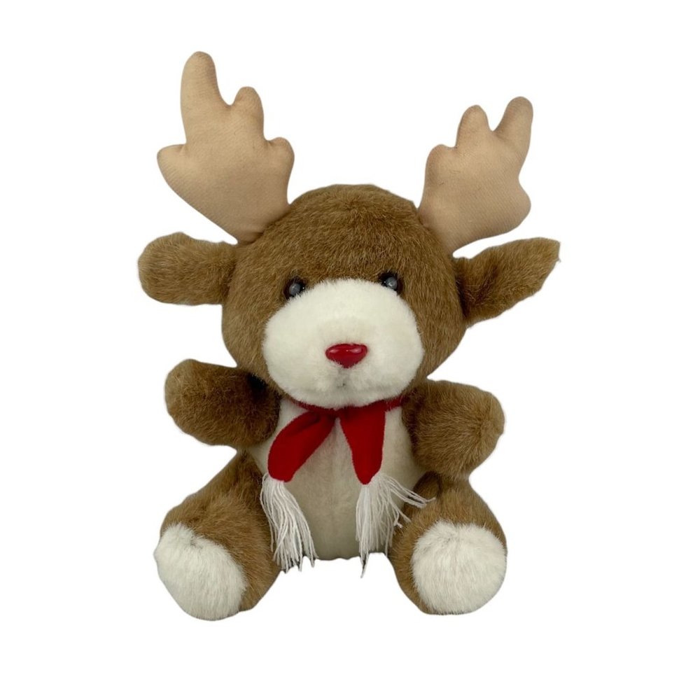 Vtg Alegria Tan Red Nosed‎ Reindeer 10" Plush Stuffed Animal Red Christmas Scarf